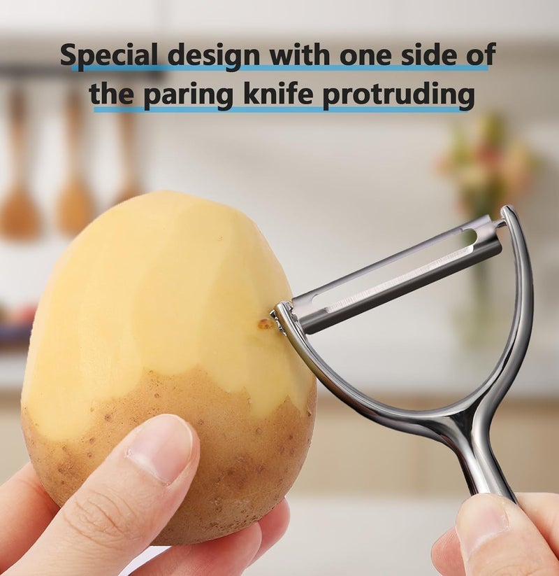 لوكاداه مقشرة سهلة الاستخدام على شكل حرف Y بشفرات حادة من الفولاذ المقاوم للصدأ للتفاح والخيار - مقبض مريح لإزالة عيون البطاطس بسهولة، مثالية لعشاق الطبخ والمبتدئين في المطبخ (فضي) - Image 5